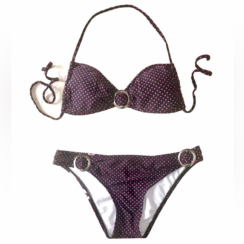 Split Womens 2Piece Swimsuit Medium Black Pink Stars Padded Bikini Bathing Suit
